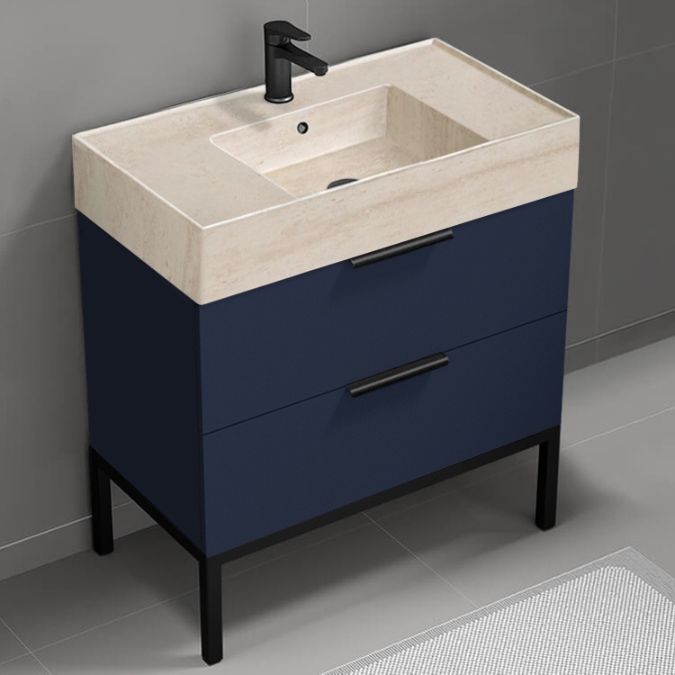 Nameeks DERIN416 Blue Bathroom Vanity With Beige Travertine Design Sink, Modern, Free Standing, 32 Inch
